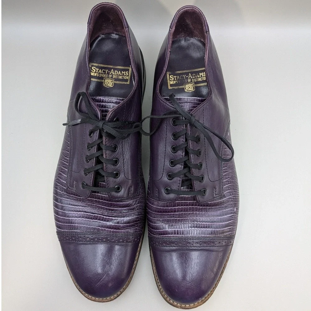 VTG Stacy Adams Madison Purple Lace Up Leather Oxfords Faux Lizard Mens 9.5 D